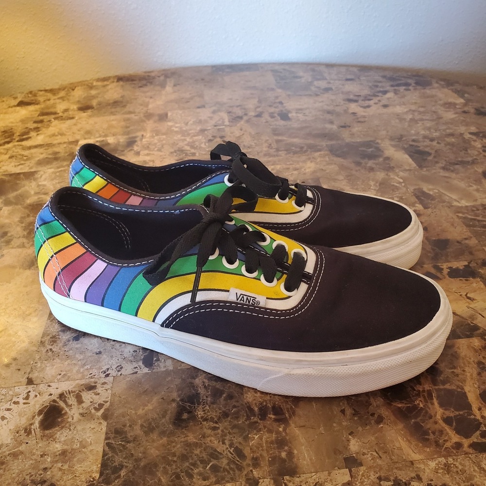 Vans Authentic Refract Rainbow‎ Women Size 8.5 Black White Canvas Skate Shoes